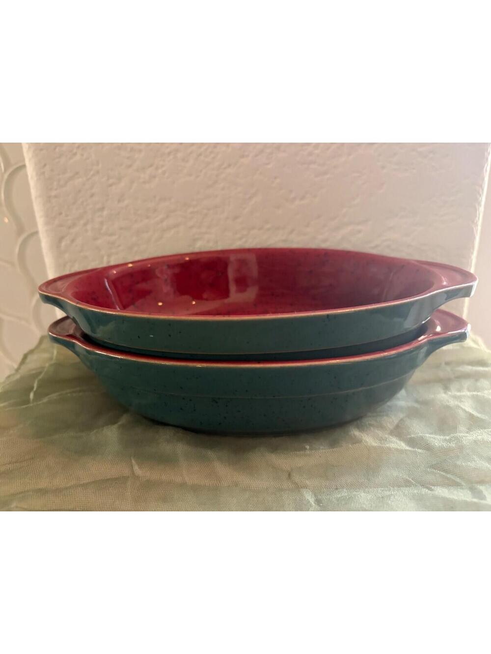 Set of 2 Denby Harlequin au gratin bakers green/red Speckled